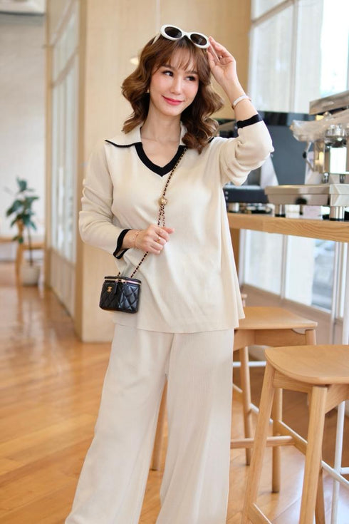 Casual Color Contrast Sweater V-neck Loose Top With Pants